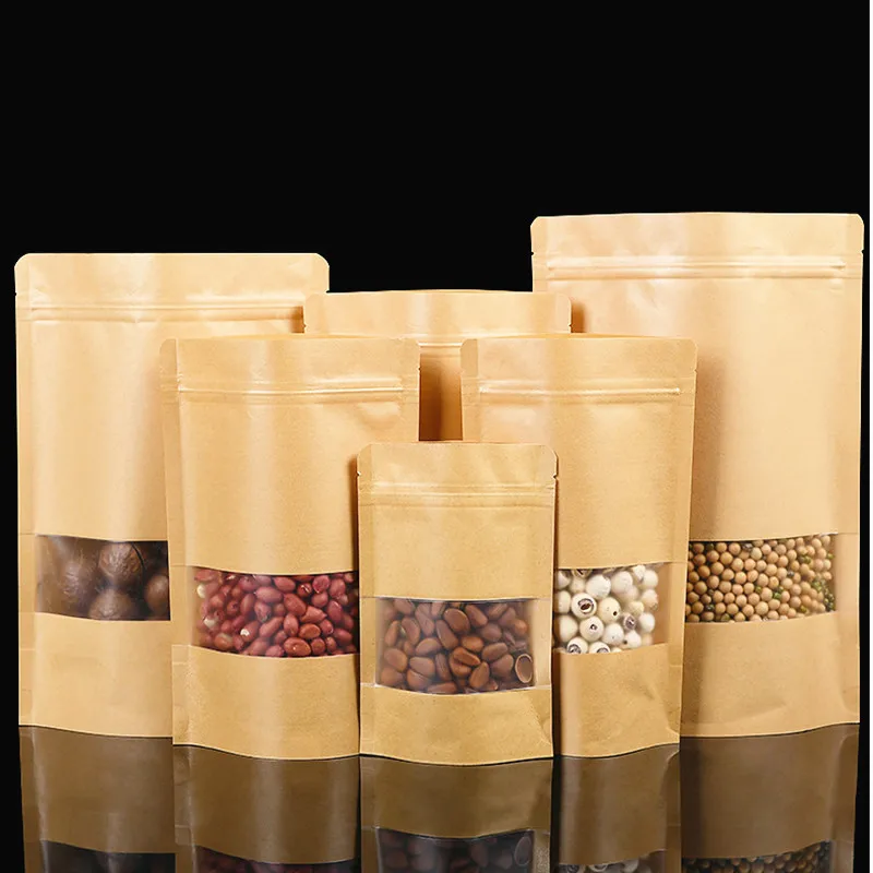 Bolsas de papel Kraft de pie para ventana, bolsas con cierre de cremallera resellables para café, azúcar, galletas, nueces, Chocolate, bolsas de embalaje con sellado térmico