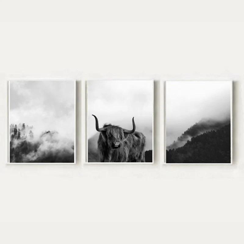 Скандинавские пейзажные постеры черно белые художественные туманные горы