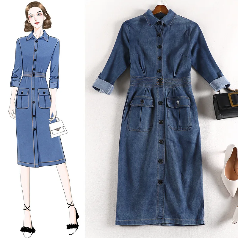 

Женское джинсовое платье с длинным рукавом, однобортное платье с отложным воротником, модель JC13 сезона весна-осень 2020