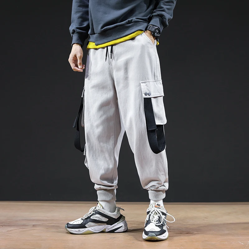 

2021Men Ribbons Streetwear Cargo Pants Spring Autumn Hip Hop Joggers Pants Overalls Black Fashions Baggy Pockets Trousers