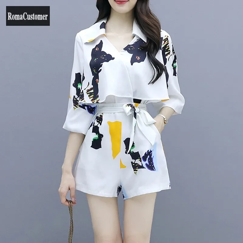 

Fashion Elegant Two-Piece Suit Womens Summer New Print Shirt Vintage High Waist Wide Leg Shorts Casual Korean Female Sets