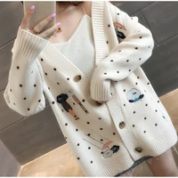 women sweaters cardigan v neck embroidery outerwear sweater 2021 autumn winter knitted cartoon female buttons korean streetwear