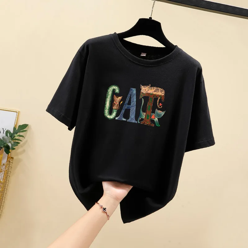 

4xl Print Letter Cartoon T-shirt Women Short Sleeve Loose T Shirt Women Plus Size Cotton T Shirt Femme
