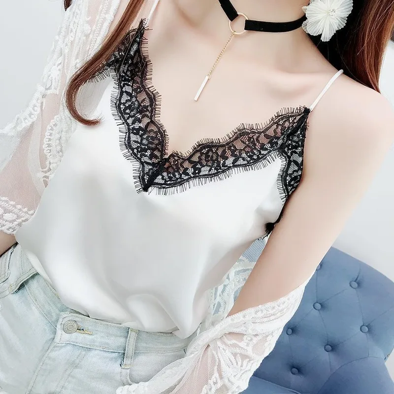 

Spaghetti Strap Top V Neck Black White Cami Sleeveless Satin Silk Tank Tops Lace Chiffon Vests Women'S Summer Camisole