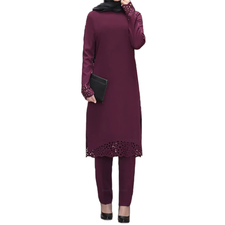 

Dress Muslim Fashion Islamic Clothing Pant Set for Women AbayaHollow Out Solid Long Sleeve Arab Dubai Eid Mubarak Ladie Karftan