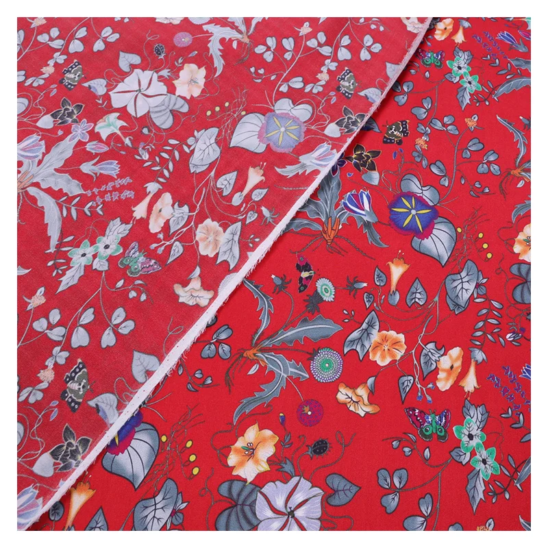 

138cm*100cm Red Floral Natural Silk Fabric Stretch Satin Spandex