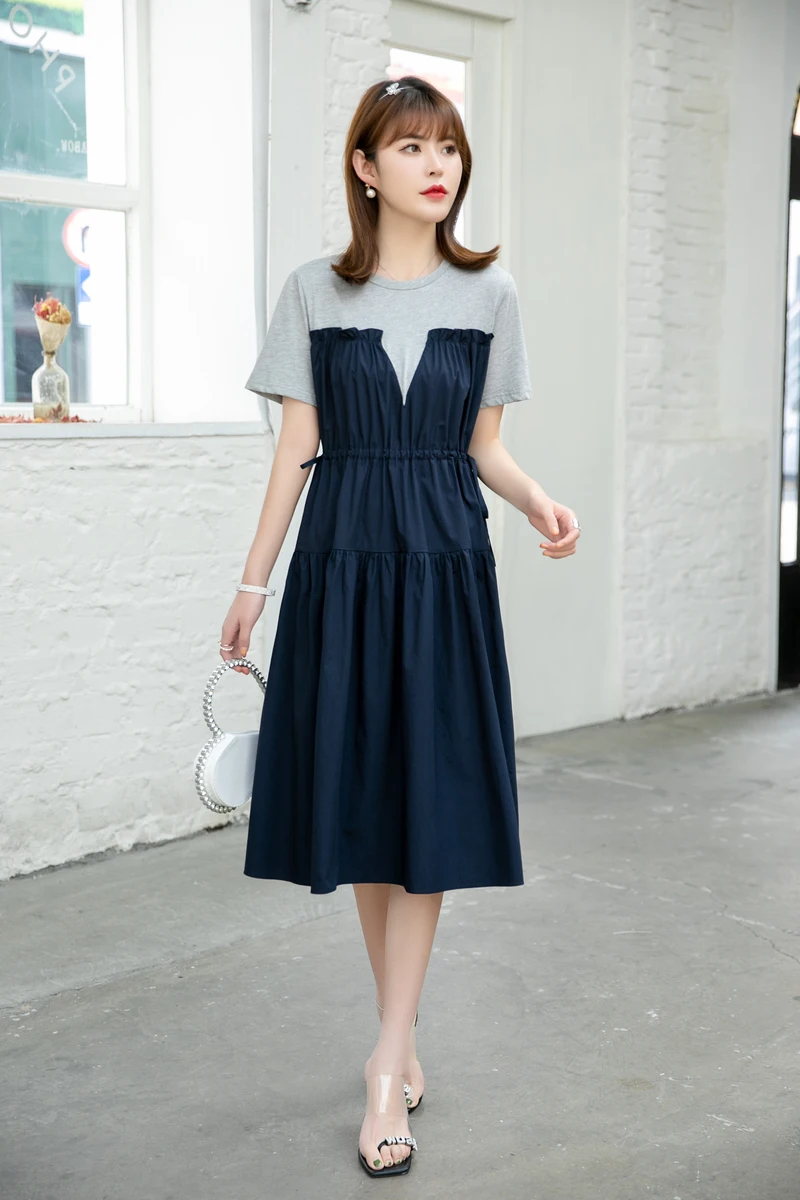 

2021 summer new solid color mid-length temperament age-reducing round neck stitching high-quality dress