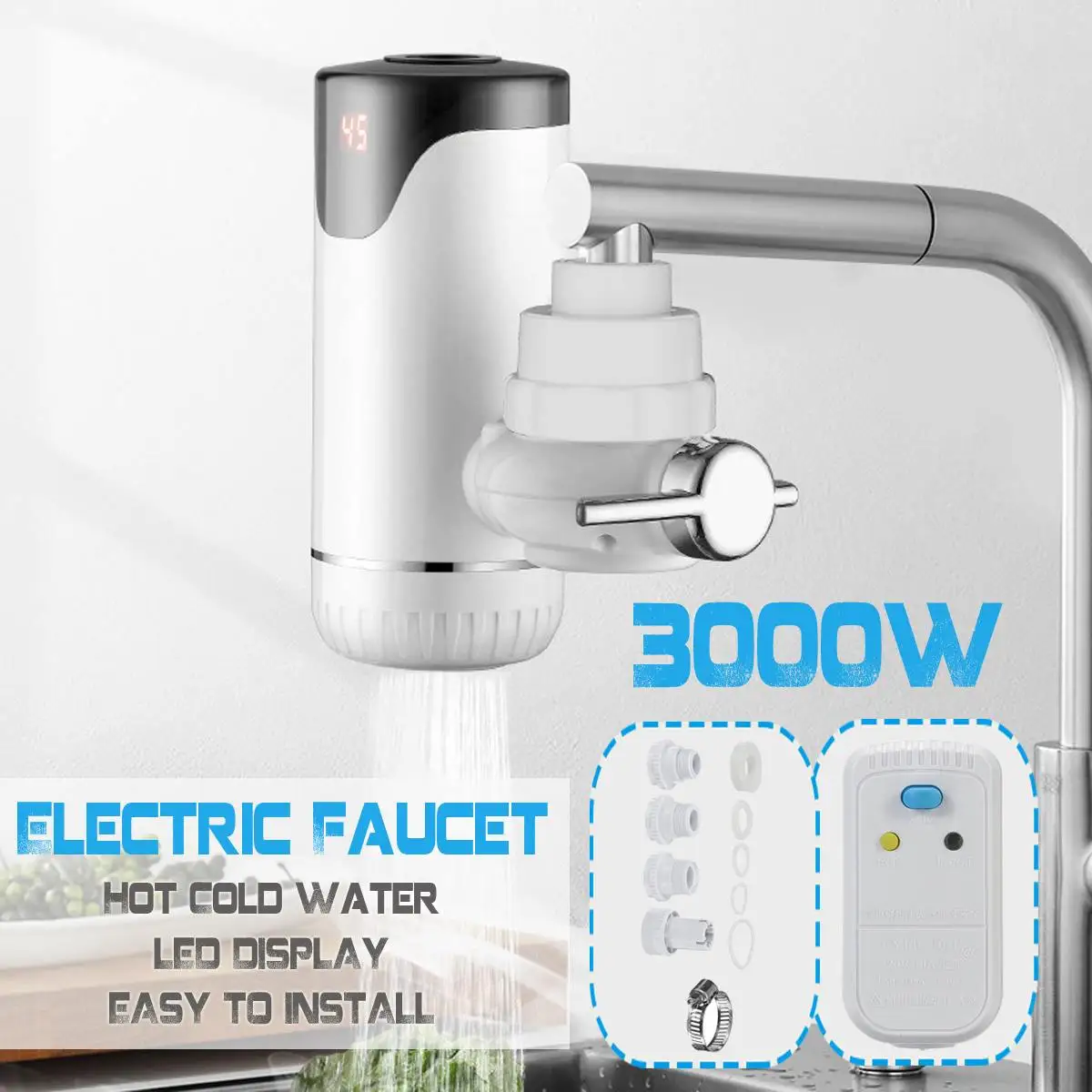 3000W Electric Water Heater Tap Instant Hot Water Faucet LED Display Bathroom Kitchen Sink Faucet Cold/Hot Water Faucet Heater