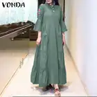 Женское платье с вышивкой, однотонное богемное длинное платье макси 2021 VONDA, повседневное вечерние на пуговицах с расклешенным рукавом, женское платье