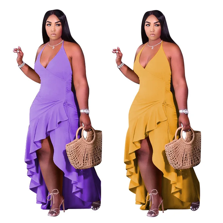 

Dress Women Plus Size 4xl Wholesale Casual Elegant Party Outfits Solid Ruffle Hem Summer New Maxi Dresses for Women Dropshipping