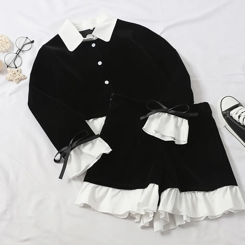 

Korean Fashion Women Ruffled Shirt+Mini Shorts Sets 2PC Girl Retro Black White Blouse&High Waist Pants Suits Two-piece Sets T386