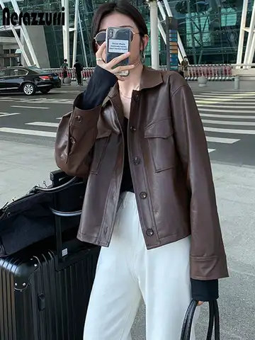 Nerazzurri Весна оверсайз короткая мягкая коричневая кожаная куртка женская с длинным рукавом Корейская модная женская уличная одежда 2021 года к...