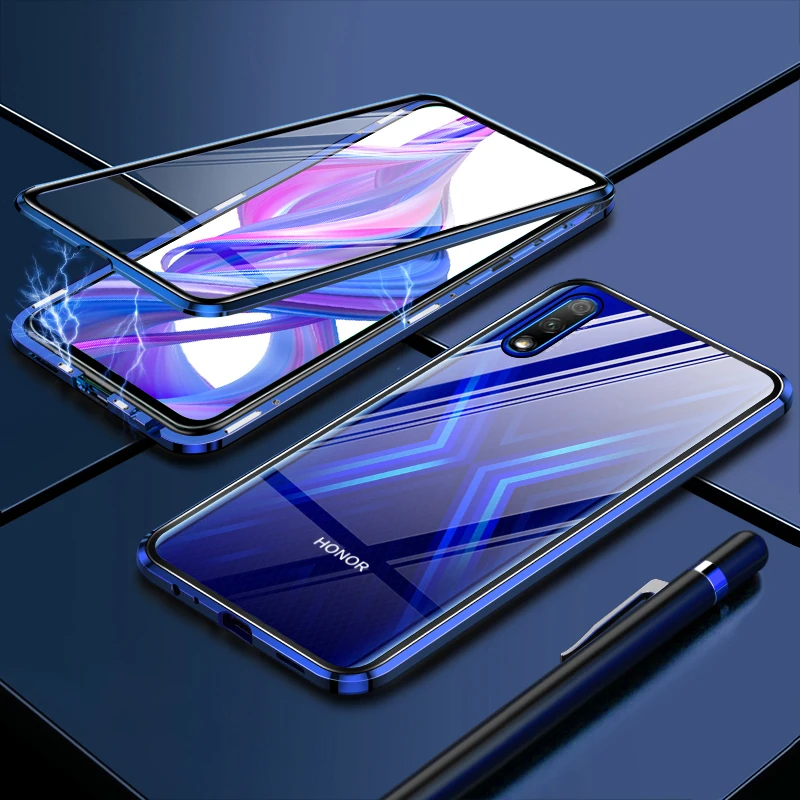 Blue Double Glass Роскошный Металлический флип-чехол для huawei Honor 10 10Lite V10, Магнитный чехол для телефона, переднее и заднее, двойное закаленное стекло-броня, вид 10, View 10 - Цвет: Blue Double Glass