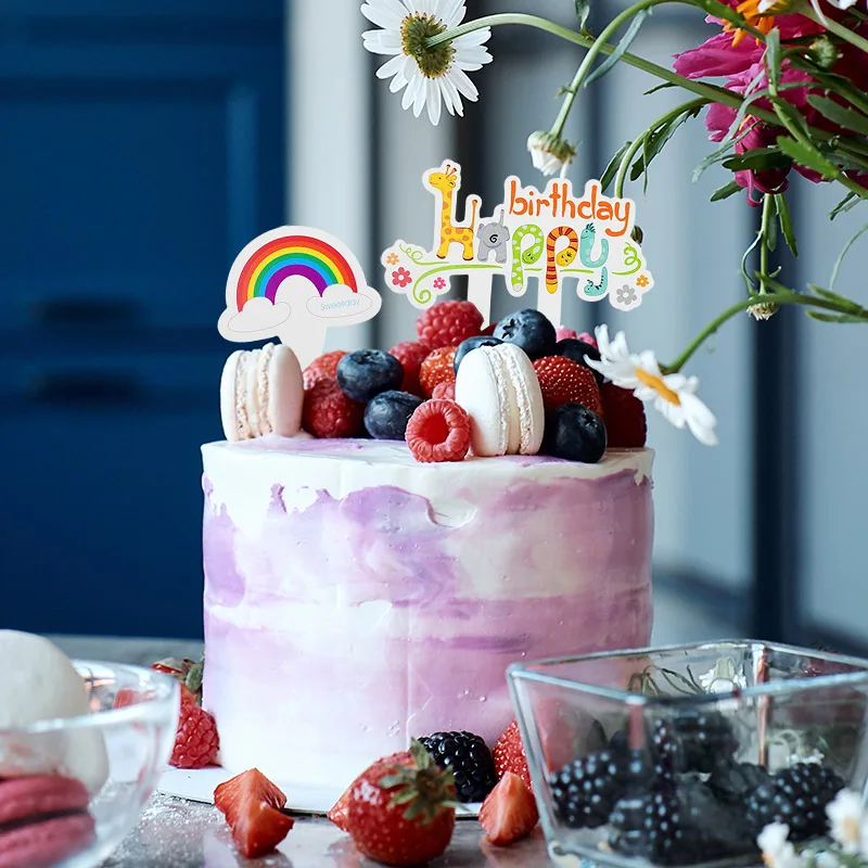 

50Pcs Happy Birthday Cake Toppers Cards Cartoon Animal Rainbow Cupcake Flags Pick Kids Birthday Decoration Dessert Table Decor