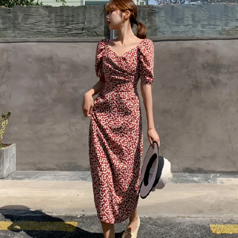 

Casual Summer Female Long Dress Flower Short Sleeve Holiday Boho Beach Dress Women 2021 Square Collar Vintage Dress Vestidos