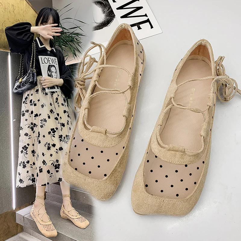 

Mary Jane Shoes Fashion Shallow Mouth Ballet Flats Shoes Sweet Polka Dot Lace-up Women's Breathable Mesh Flat Single Granny Shoe