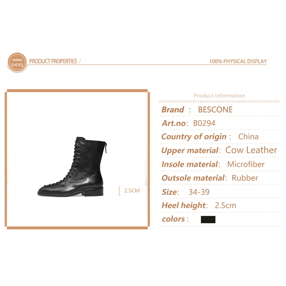 

BESCONE Winter Women Boots High Quality Genuine Leather Handmade 2.5 cm Low Heel Shoes Round Toe Square Heel Ladies Boots BO294