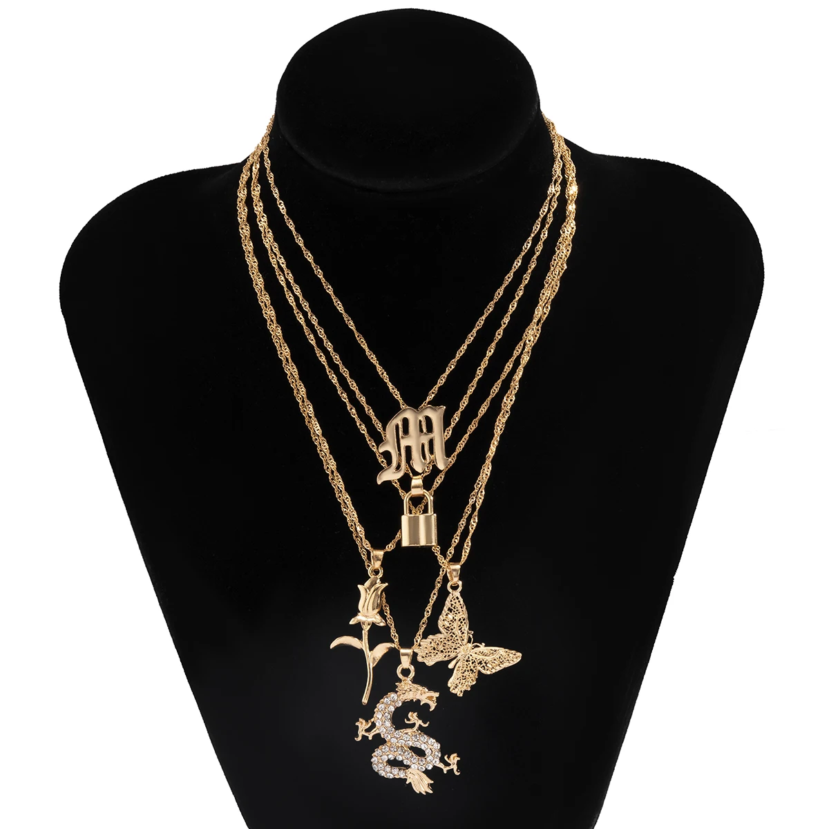 

KunJoe Bohemia Multilayer Dragon Necklace Women Butterfly Flower Lock Pendant Choker Girls Clavicle Chain Female Jewelry Collar