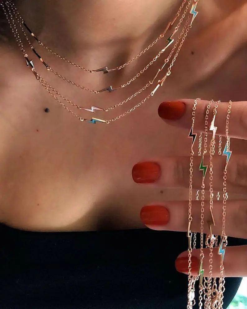 

Gold Color Women Choker 5PCS Candy Neon Enamel Bolt Lightning Charm Fashion Colorful Women Summer Necklace