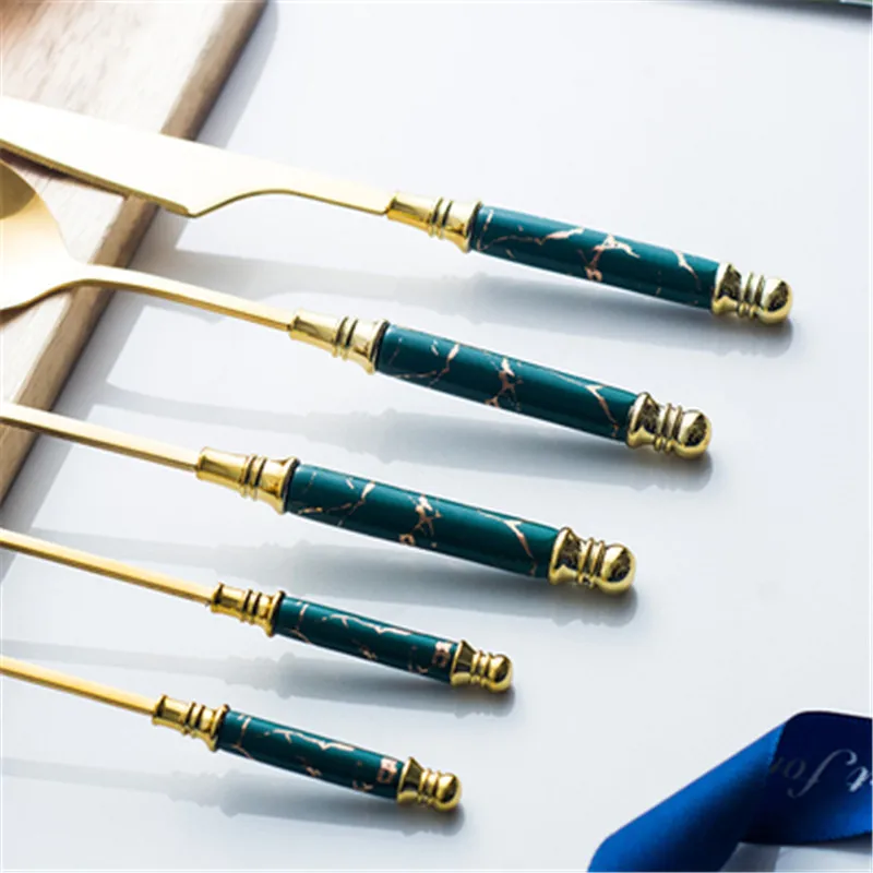 5pcs Green white Ceramic Tableware Fork Spoon Knife Set Vintage Cutlery 304 Stainless Steel Dinner Dinnerware | Дом и сад