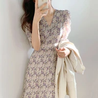 one piece korean chic floral chiffon long dress female 2021 summer gentle vintage v neck puff sleeve street dress casual dresses