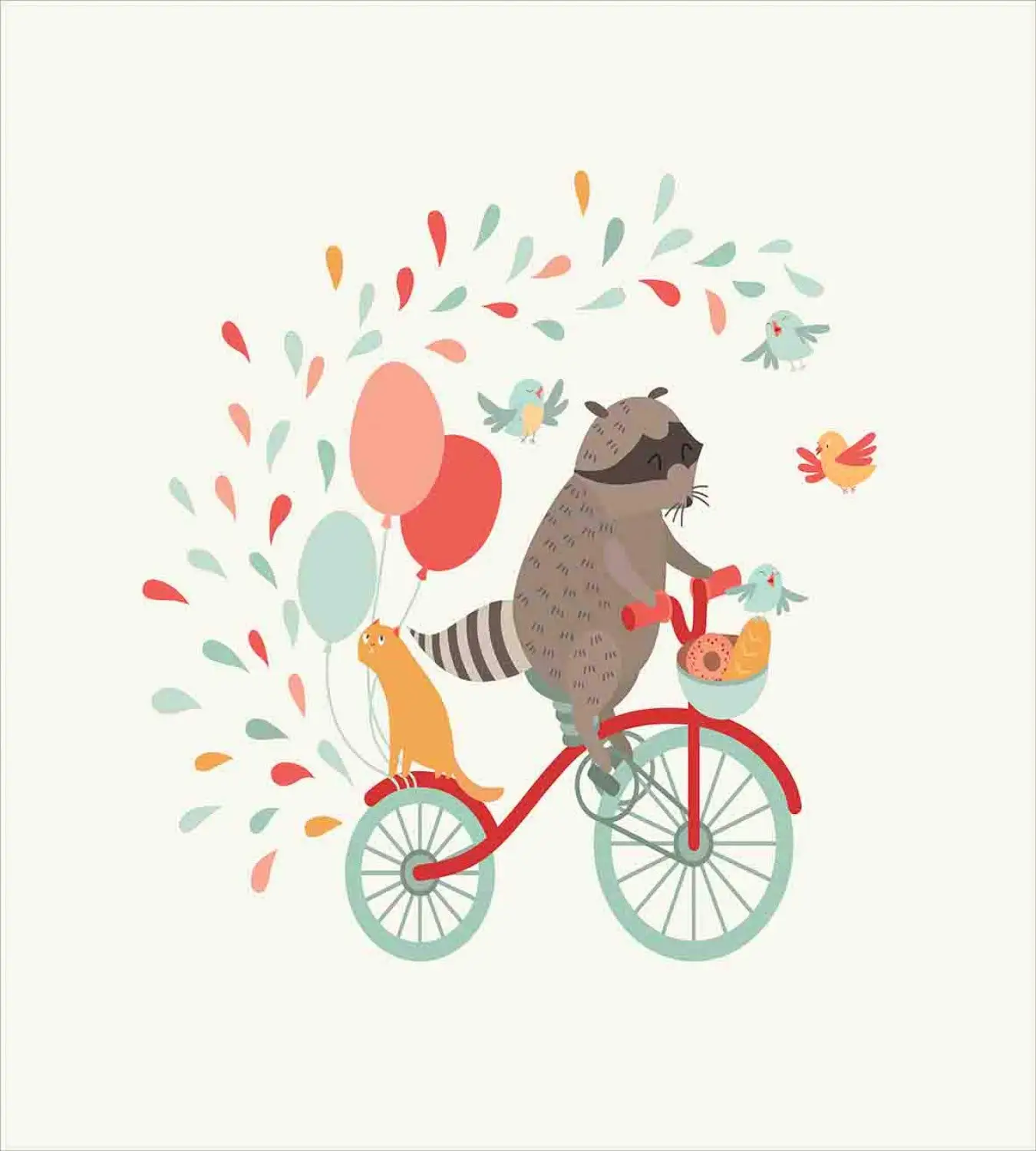 Детский комплект пододеяльников с рисунком енота для езды на велосипеде шарами кошки и птицами каплевидном