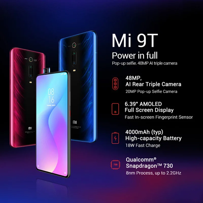 Глобальная версия Xiaomi Mi 9T 6 ГБ ОЗУ 64 Гб ПЗУ Xiaomi Mi ПЗУ Snapdagon 730 Octa 6,39 дюйма 4000 мАч AMOLED дисплей 48MP Al Тройная камера