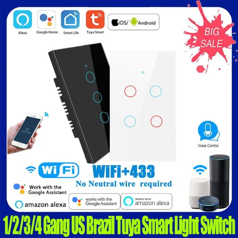 

Умный светильник ель света Tuya, 1/2/3/4 клавиши, США, Бразилия, Wi-Fi, настенный выключатель, сенсорная панель из закаленного стекла, голосовой тайм...