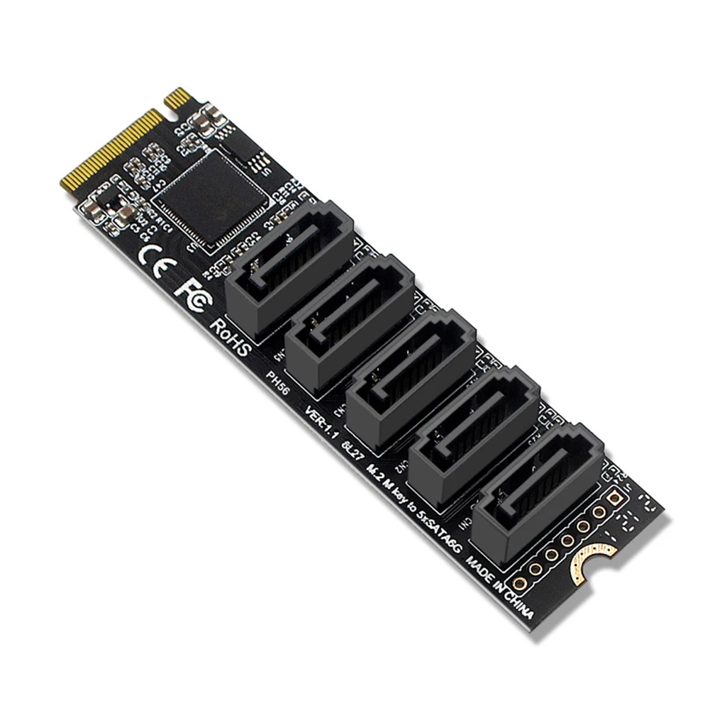 

Адаптер PCIe X2 M.2 Key M на 5 портов SATA 3,0, карта NGFF NVME M.2 m Key на sata3.0, карта преобразователя JMB585 чипсет 6 Гбит/с SATA3