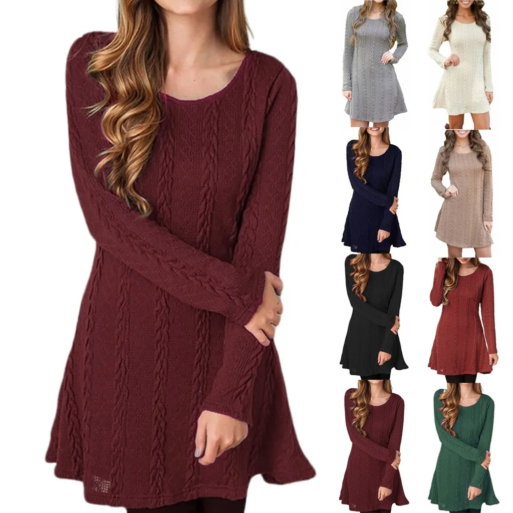 Женское платье-свитер с круглым вырезом и длинным рукавом новинка 2019