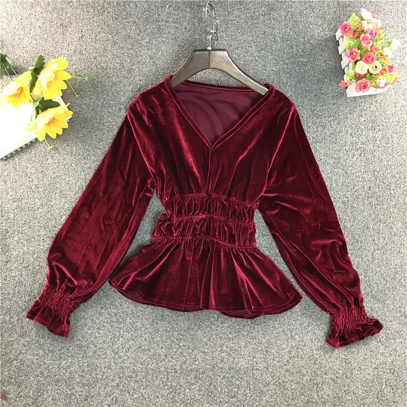 

New Spring and Autumn Vintage V-neck Velvet Shirt Women Long-sleeved Shirts Slim Short Bottoming Shirt Female Top NS1390