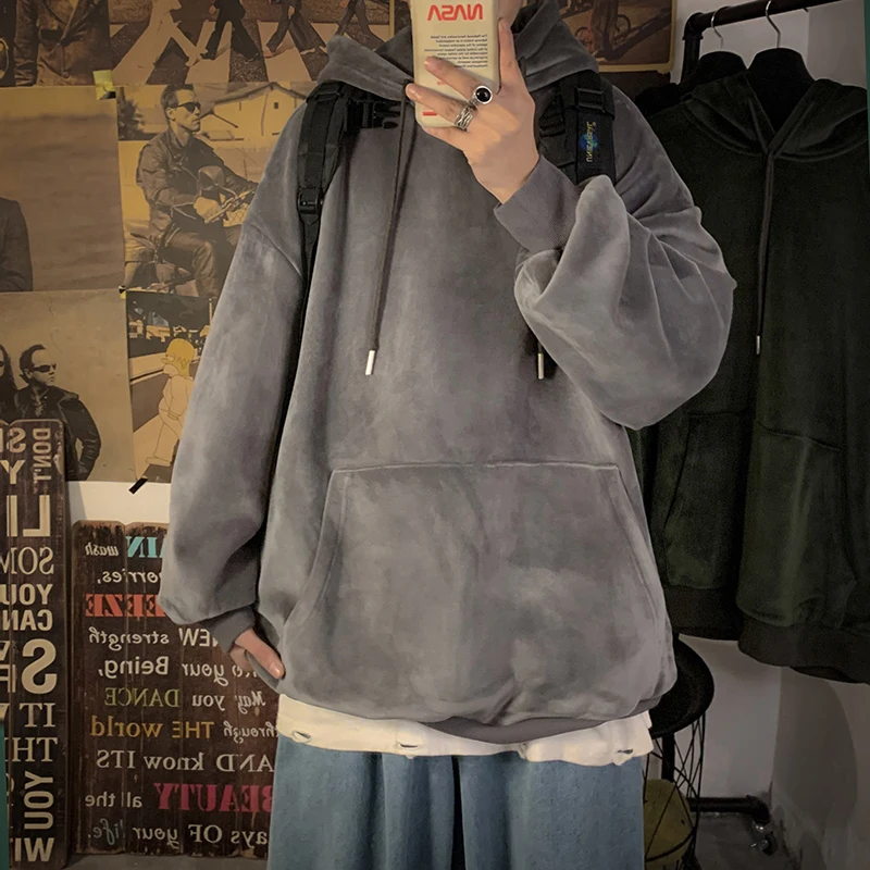 

2021 solid color hooded sweater with wool men's Korean fashion Plush thickened warm winter Hoodie youth coat