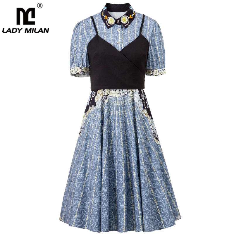 

Women's Runway Dresses Peter Pan Collar Short Sleeves Sequined False Two Piece Fashion Casual Dress Vestidos