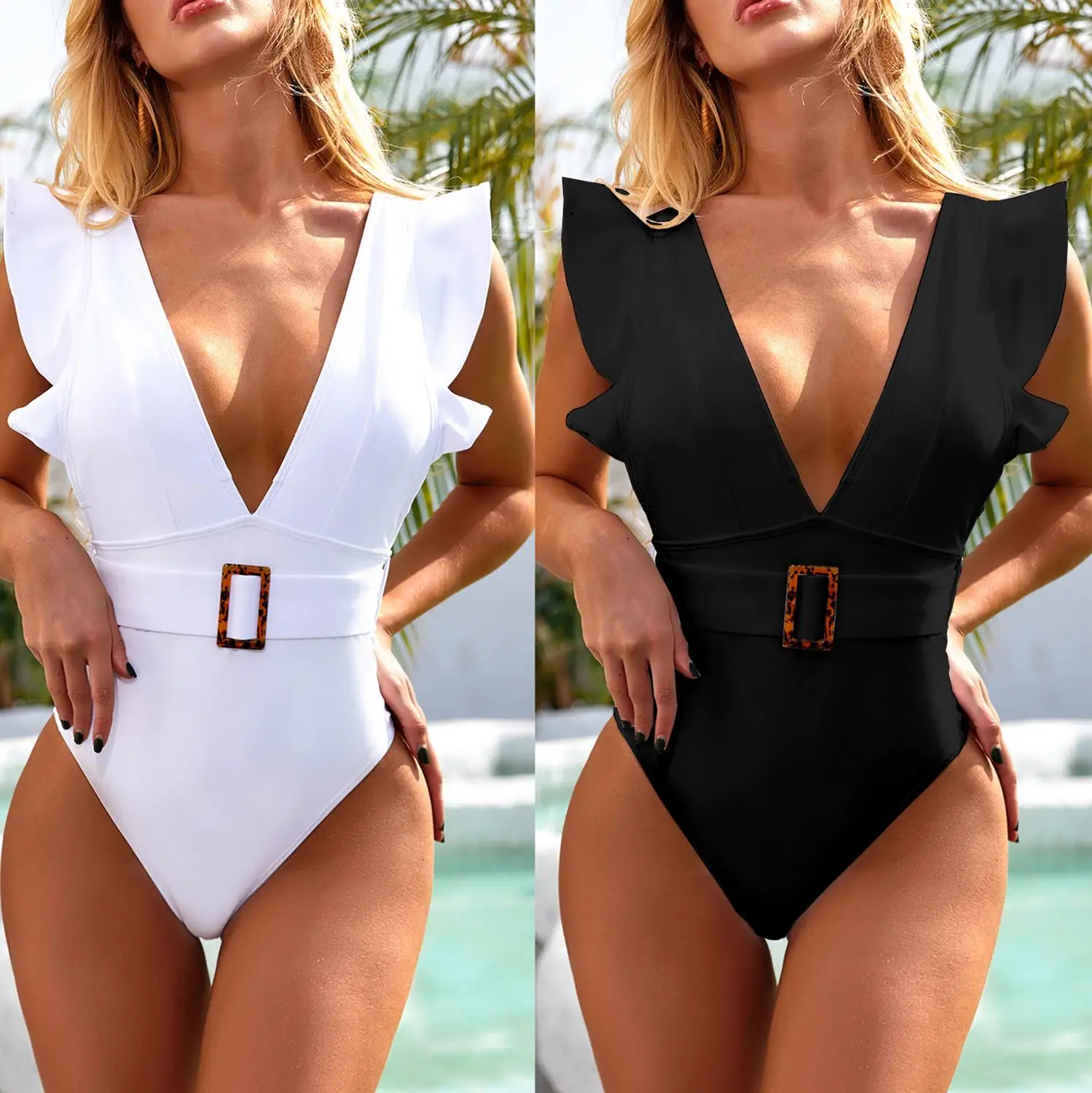 

One-piece ruffled white swimsuit bikini
