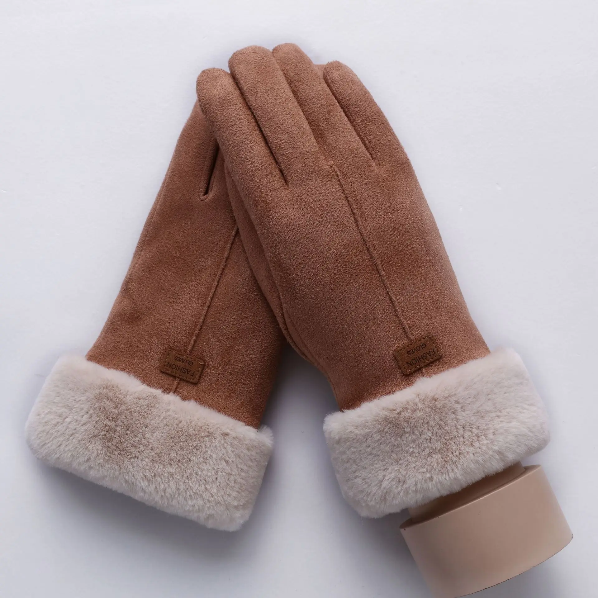 081C-T-Khaki Sparsil женские замшевые перчатки с сенсорным экраном, зимние двухслойные меховые варежки, теплые модные перчатки с вышивкой в виде снежинки для улицы - Цвет: 081C-T-Khaki