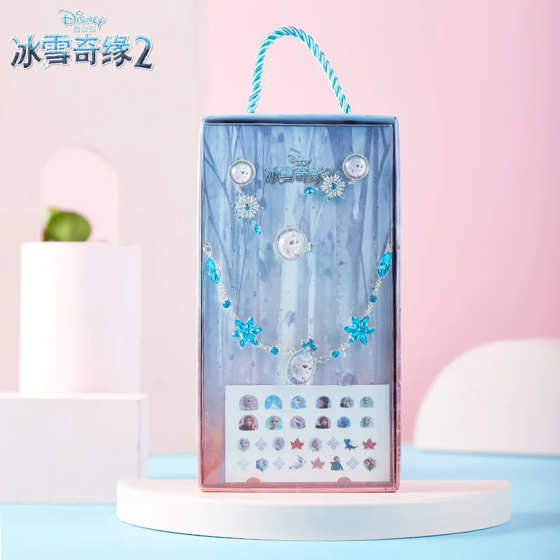 

2021 New Frozen Hair Accessories Set Disney Children's Necklace Earrings Ring Nail Sticker Combo Set