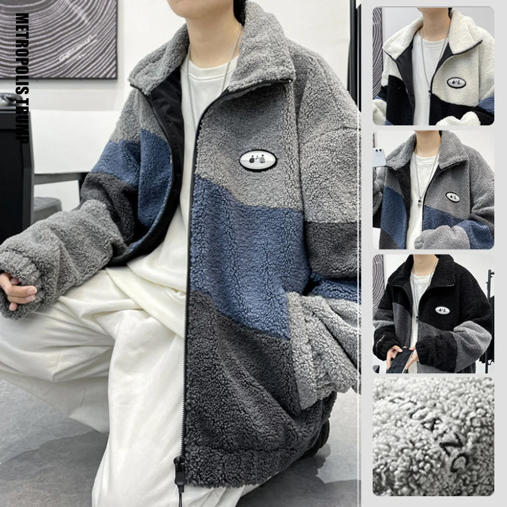 Covrlge Men Brand Jacket Winter Fleece Warm 3 Color Splicing Streetwear Hip Hop Slim Fit Lamb Wool Jackets Mens Clothing MWM125