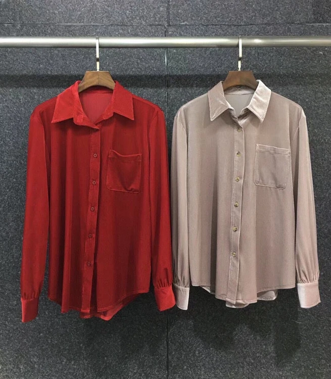 

2021 new women fashion lapel single pocket decoration solid color long sleeve all-match velvet top shirt 723