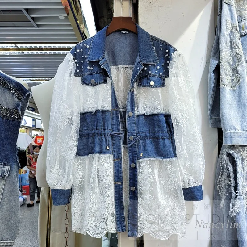 

Long Lace Coat Women 2021 Spring and Summer New Heavy Industry Beads Diamond Hollow Thin Sunscreen Denim Jacket Veste Femme
