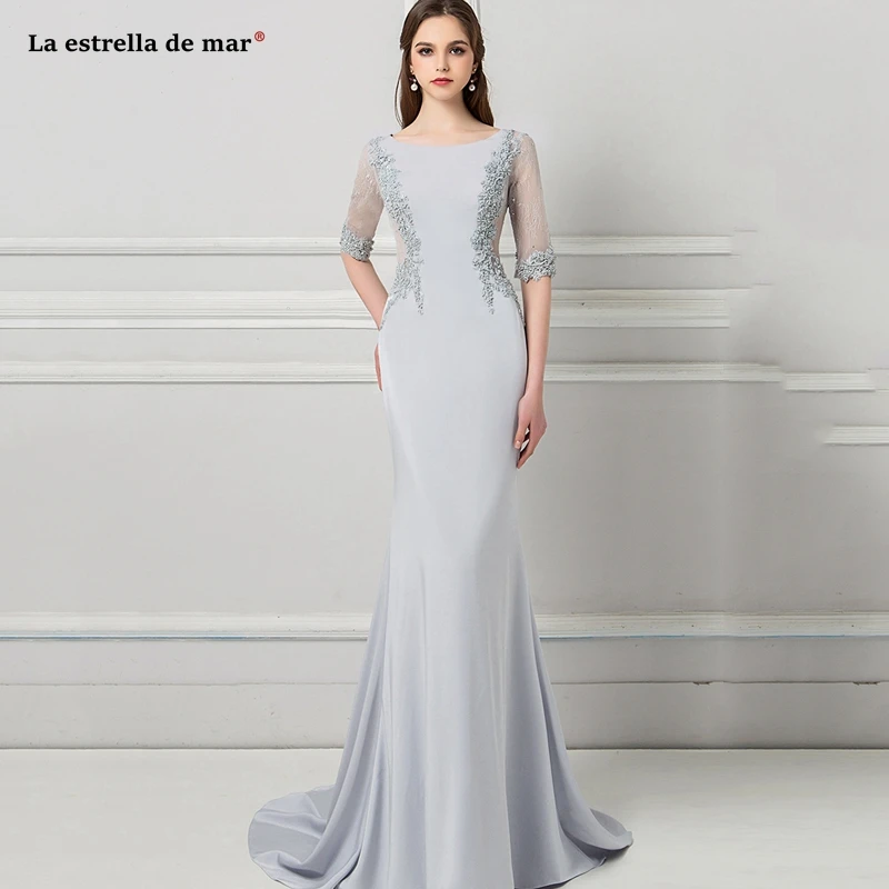 

wedding party dress2021 new Scoop neck lace beaded satin half sleeve sexy mermaid silver bridesmaid dress long sukienka wesele