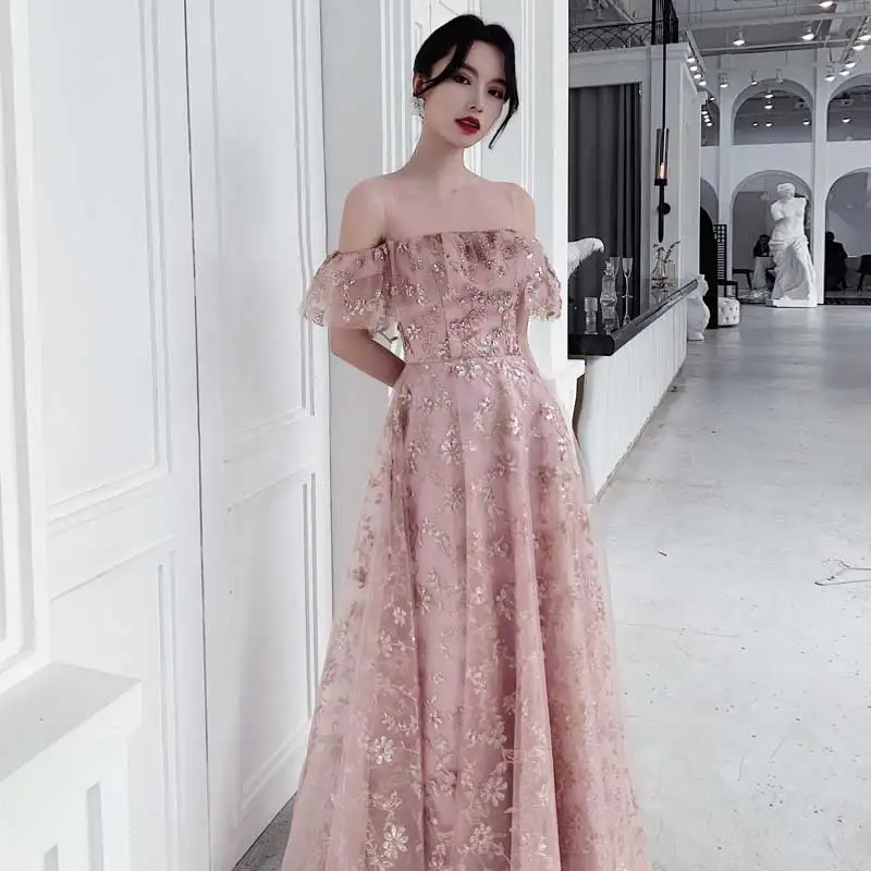 pink Розовые с блестками вечерние Gonws длинные элегантные гофрированные с открытыми плечами трапециевидные в пол женские вечерние платья размера плюс платья для выпускного вечера - Цвет: pink