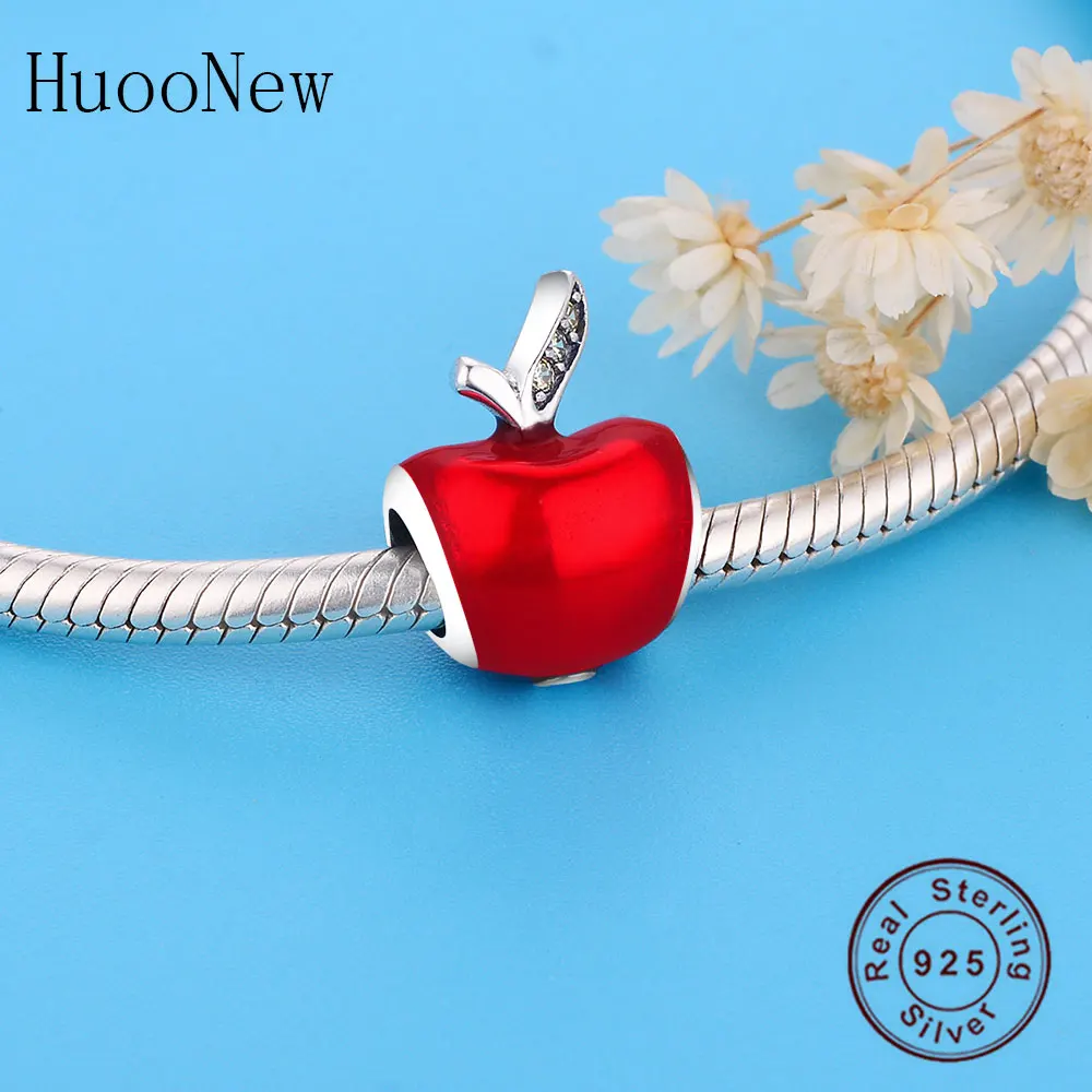 Бусина Яблоко из серебра 925 пробы с желтым кристаллом в виде листьев красная