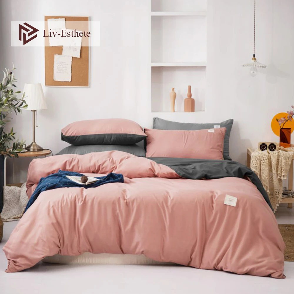 

Liv-Esthete Luxury Pure Pink 100% Cotton Bedding Set Women Printed Duvet Cover Flat Sheet Pillowcase Queen King Bed Linen Set