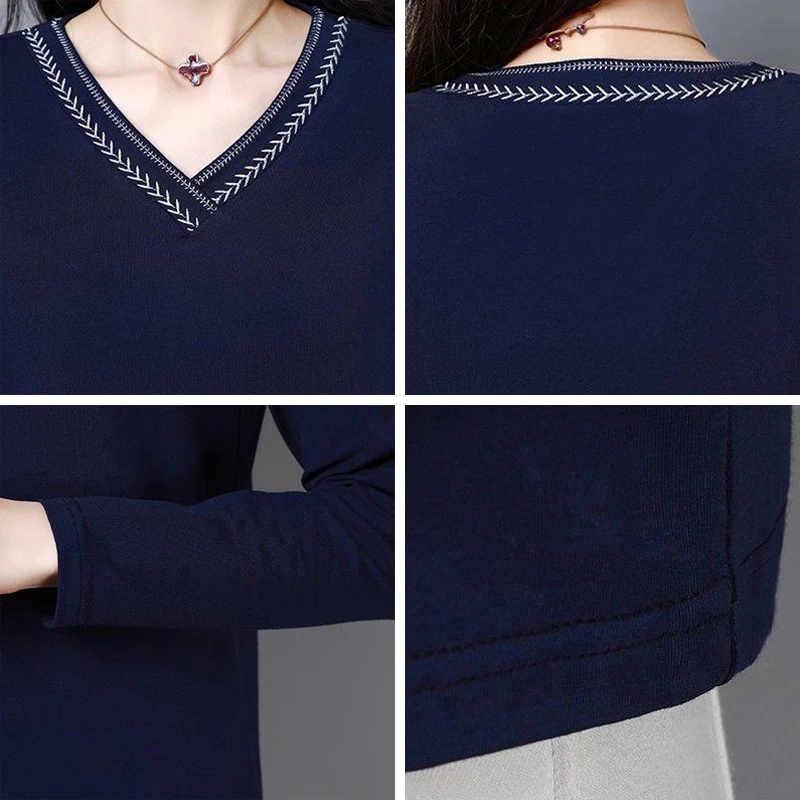 

Casual Cotton Long Sleeve Tops Female Plus Size Spring Women's Clothing 2021 FashionPrint V-Neck Slim Basic Pullover Tees