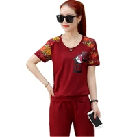 youth clothing for women summer sporting suit female clothes lady clothes set printing 2 piece set knitted pullover pants 1627