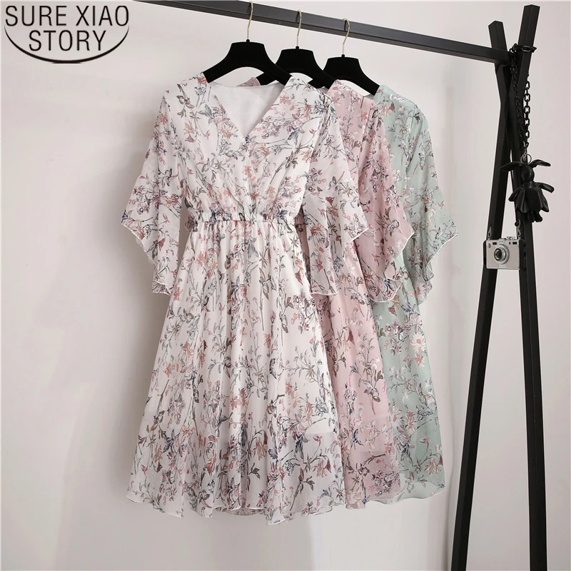 

Women Pink Chiffon Dress Sweet 2022 Spring Summer A-line Print V-Neck Half Ruffles Sleeve Casual Knee-length Dresses 9436 50