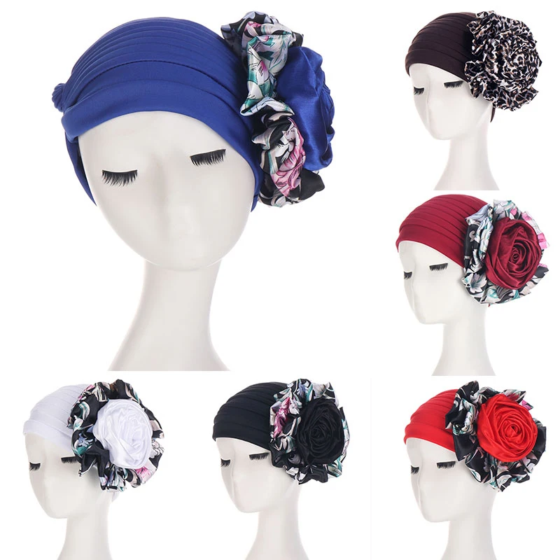 

Women Trendy High Elasticity Bonnet Cap Headband Decoration Two-tone Rose Flower Turban Hat Simple All-match Square Scarf