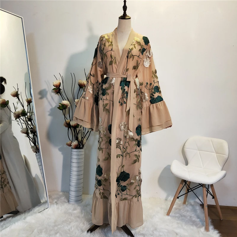 Женский кардиган с цветочным принтом Abaya мусульманское платье макси оборками и