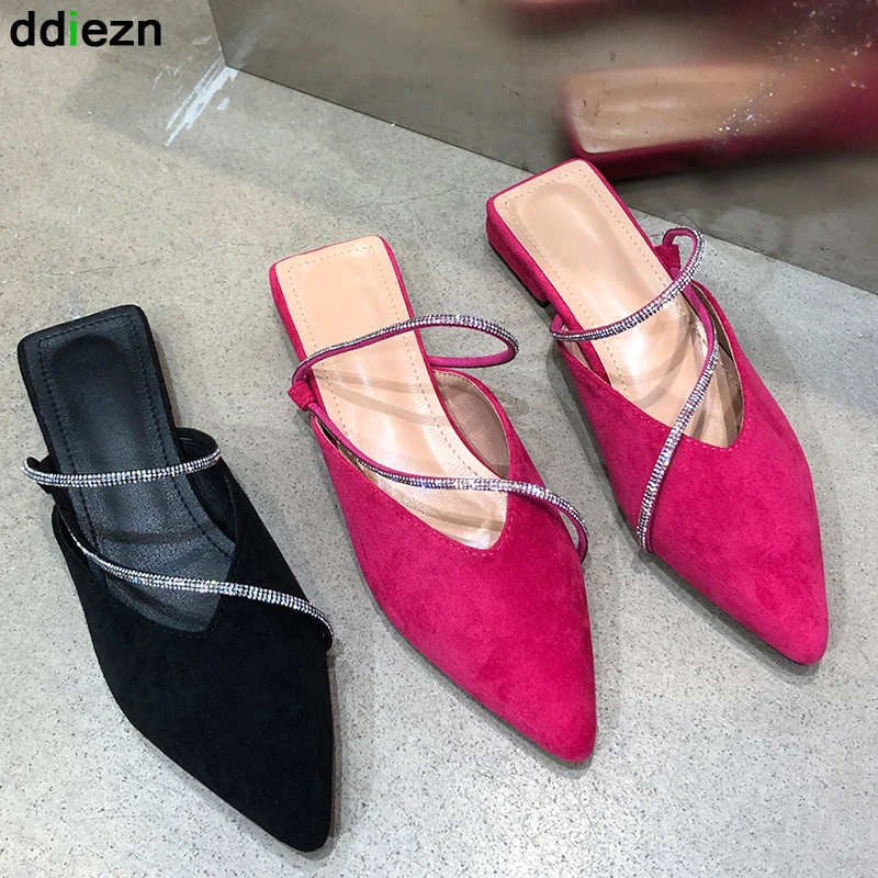 

Women Shoes Slippers Rhinestones Mules Sandals Fashion Pointed Toe Flats 2022 Summer Female Shoes Casual Outside Shallow Slides