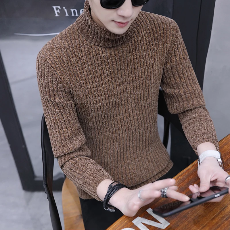 2019 мужской тонкий зимний толстый теплый свитер с воротником под горло в полоску